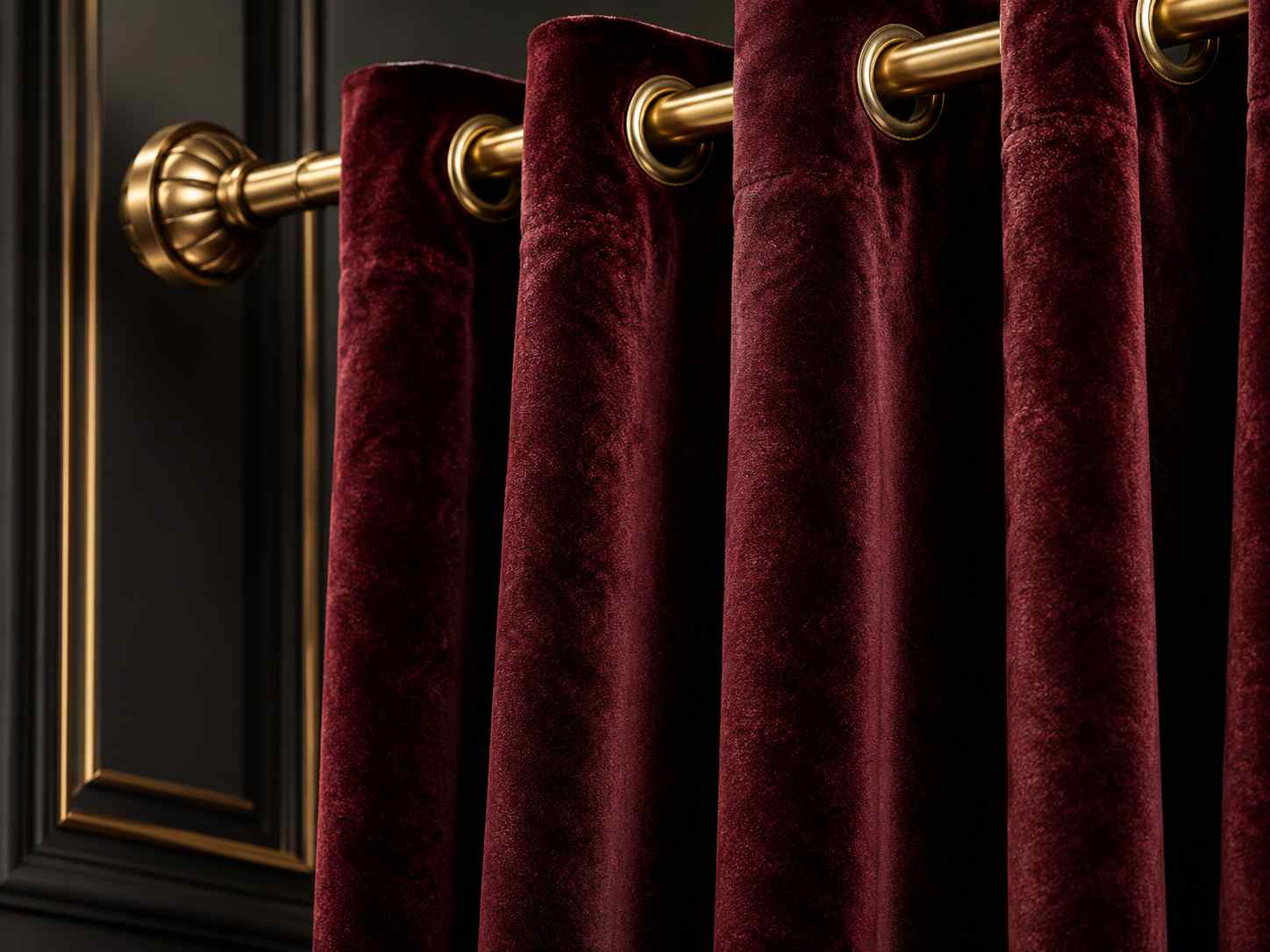 drape grommets, The drape grommets are installed along the top edge of the dark red curtains.